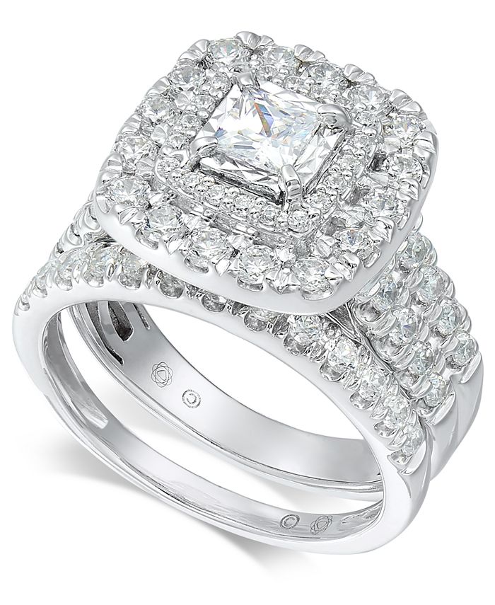 14K White Gold Over Halo Princess 2.00 Ct Diamond Bridal Engagement Wedding Ring 