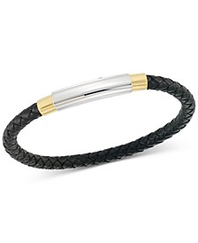 Two-Tone Woven Black Leather Bracelet in Stainless Steel & Yellow Ion-Plate