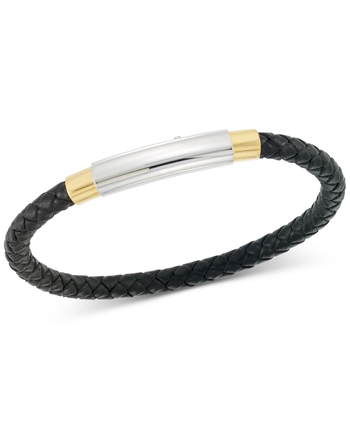 Smith Two-Tone Woven Black Leather Bracelet in Stainless Steel & Yellow Ion-Plate - Black