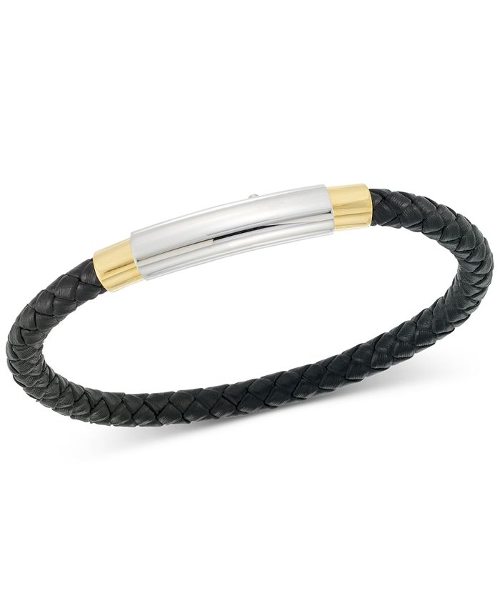 LEGACY for MEN by Simone I. Smith - Two-Tone Woven Black Leather Bracelet in Stainless Steel & Yellow Ion-Plate