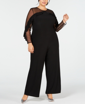image of R & M Richards Plus Size Ruffled Illusion Jumpsuit