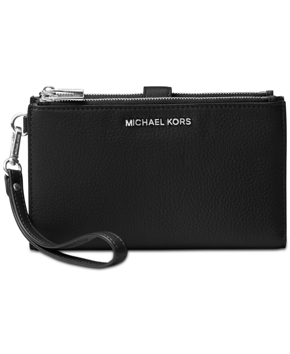 Michael Kors Michael  Adele Double-zip Pebble Leather Phone Wristlet In Black,silver