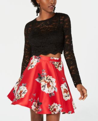 City Studios Junior's 2 Pc Lace & Floral Print Dress Black Size 9