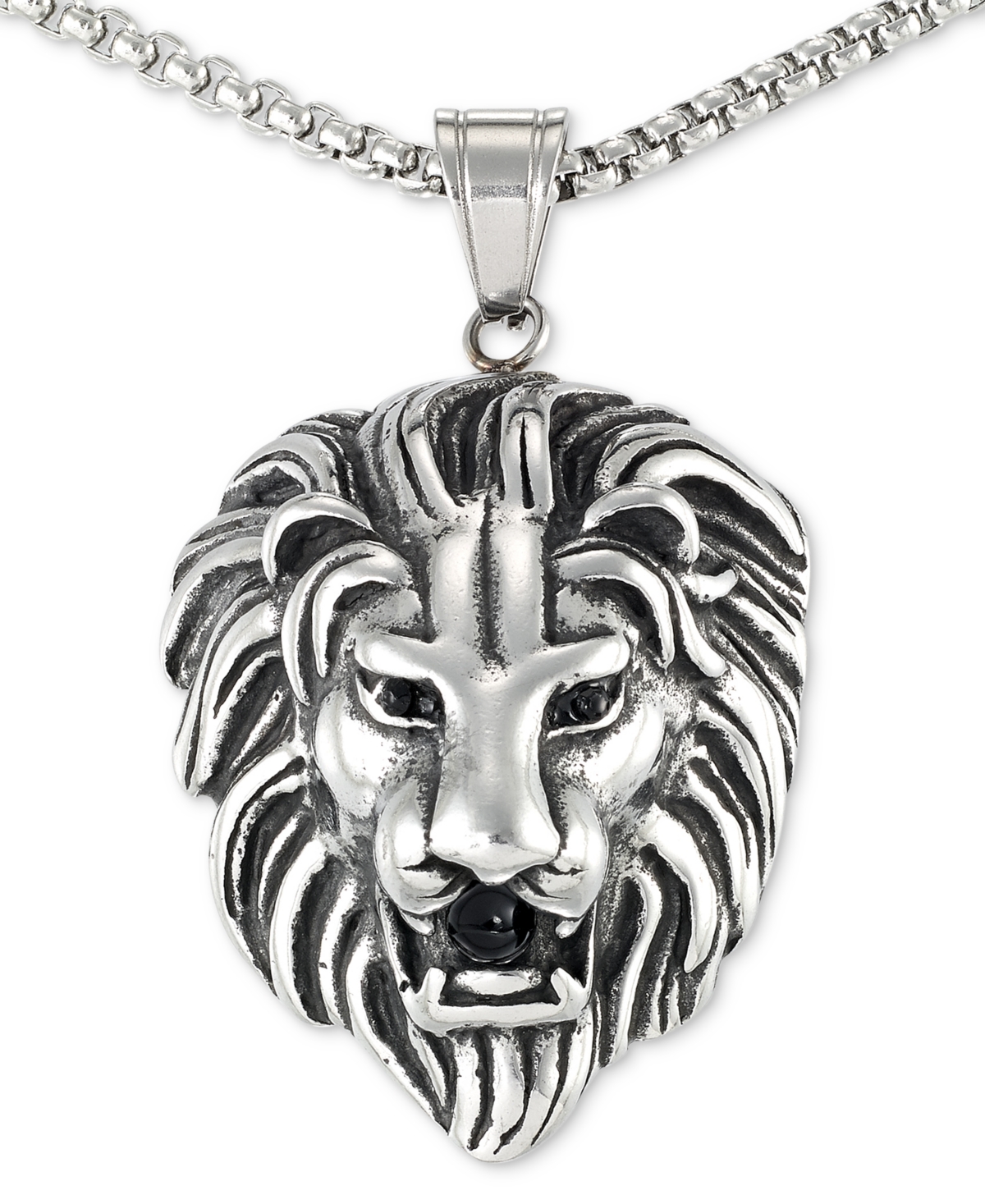 Smith Black Agate Lion Head 24" Pendant Necklace in Stainless Steel - Stainless Steel