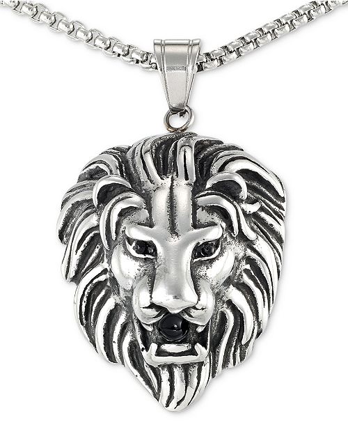 Black Agate Lion Head 24 Pendant Necklace In Stainless Steel