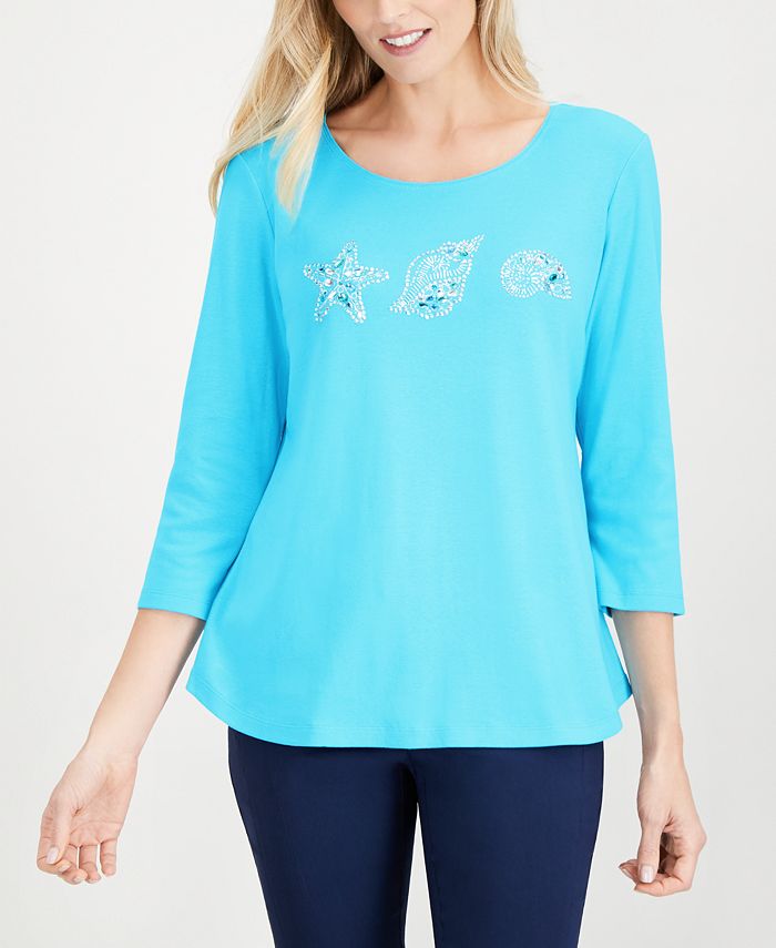 Karen Scott Embellished 3/4-Sleeve Cotton Top, Created for Macy's