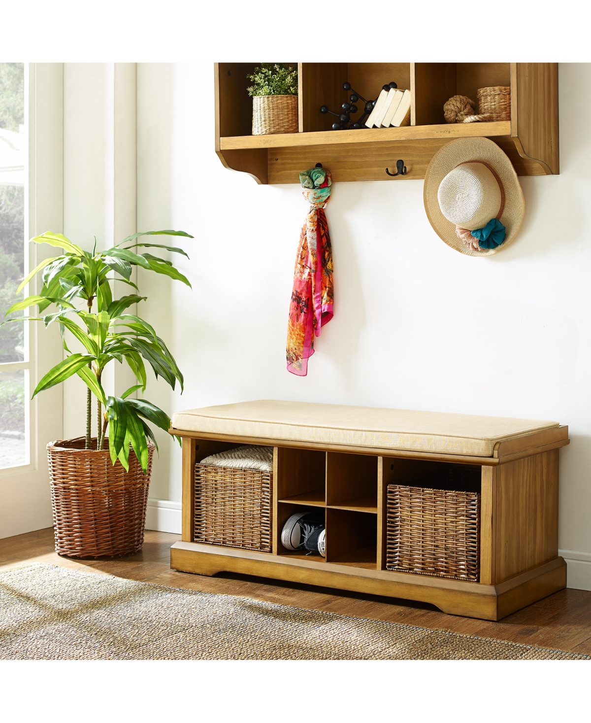 Crosley Furniture Brennan Solid Wood Entryway Bench/Wicker Baskets in Natural