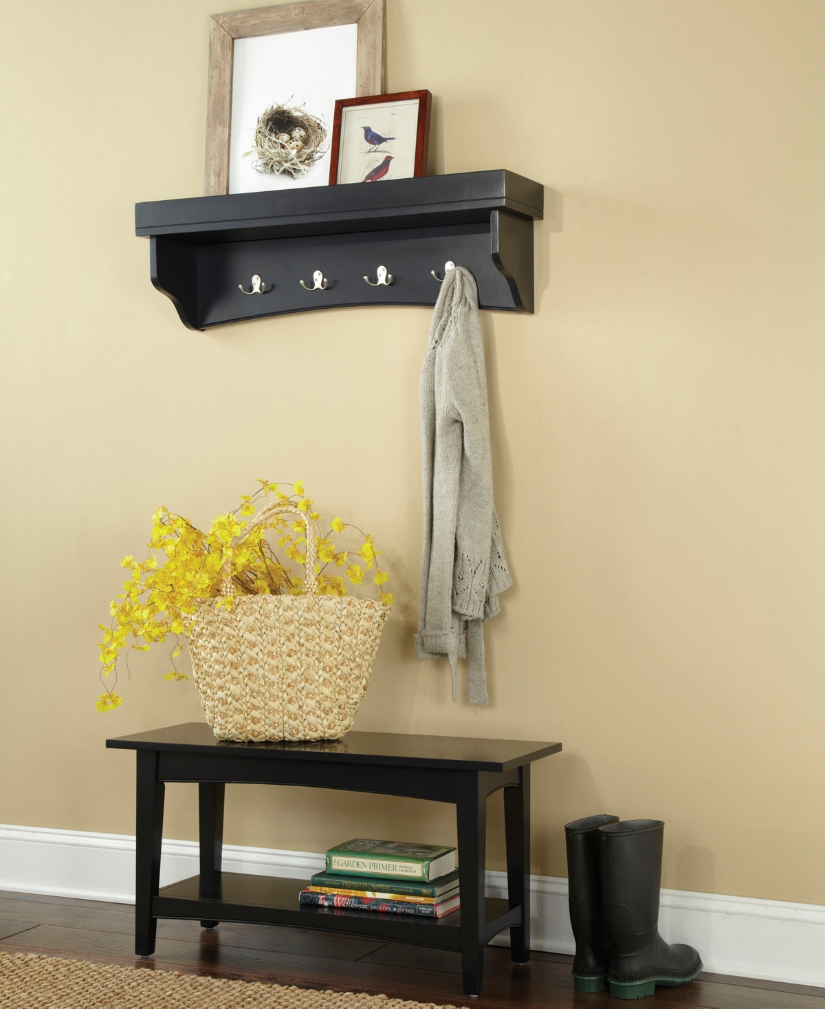 Shaker Cottage Tray Shelf Coat Hook with Bench Set,Gray - Charcoal