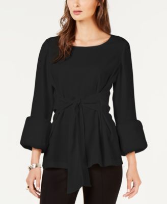 Alfani - Faux-Fur-Cuff Tie-Front Blouse