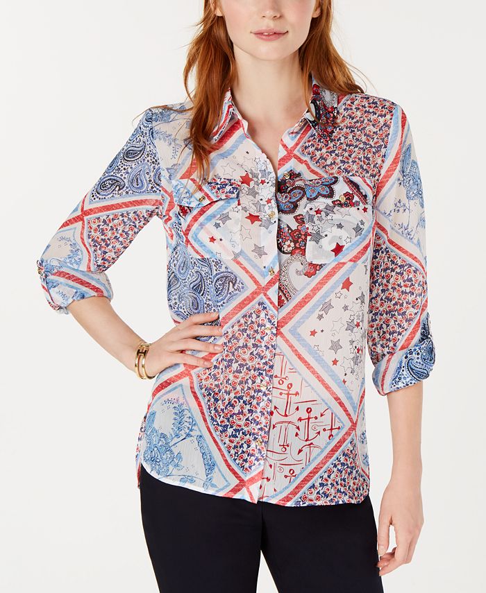 Tommy Hilfiger Patchwork-Print Roll-Tab Shirt, Created for Macy's ...