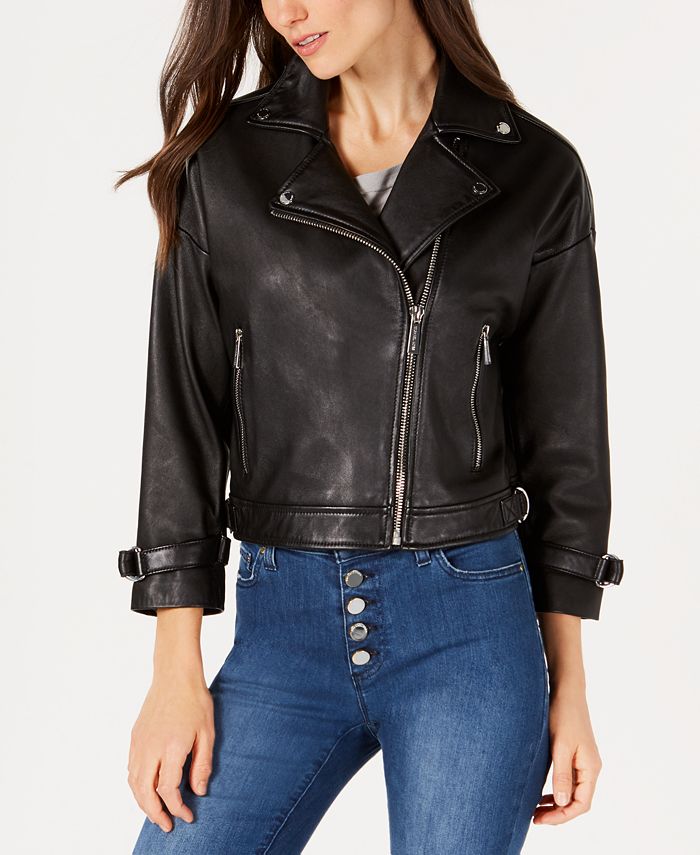Michael Kors Leather Cropped Sleeve Moto Jacket Macy s