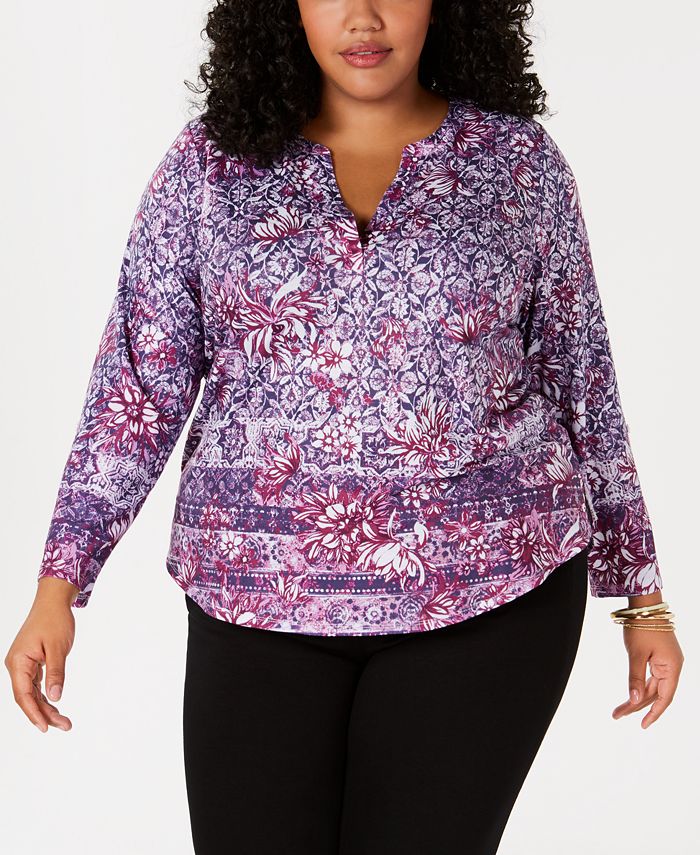 Style & Co Plus Size Printed Split-Neck Top, Created for Macy's - Macy's
