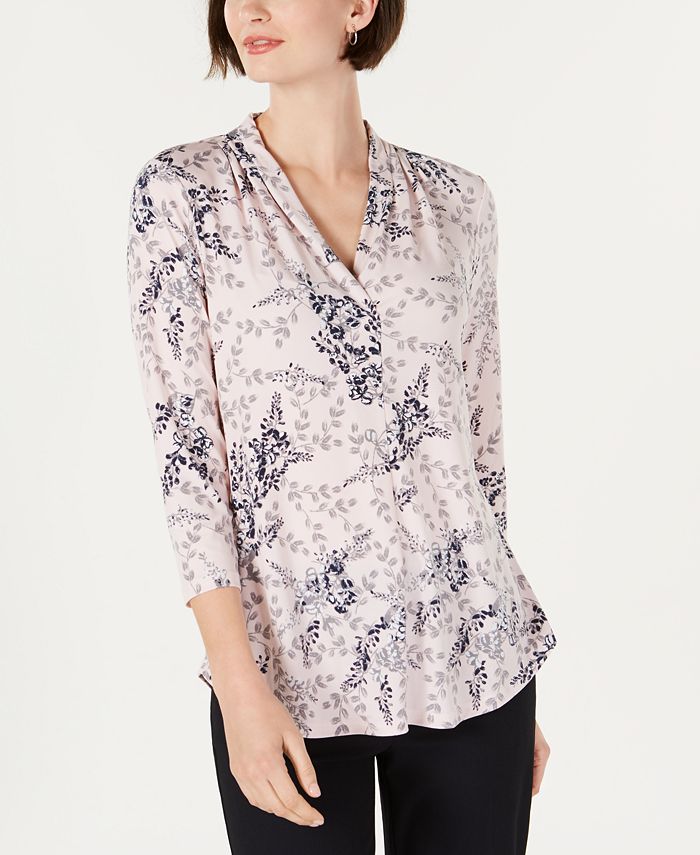 Charter Club Printed Pleated 3/4-Sleeve Top, Created for Macy's - Macy's