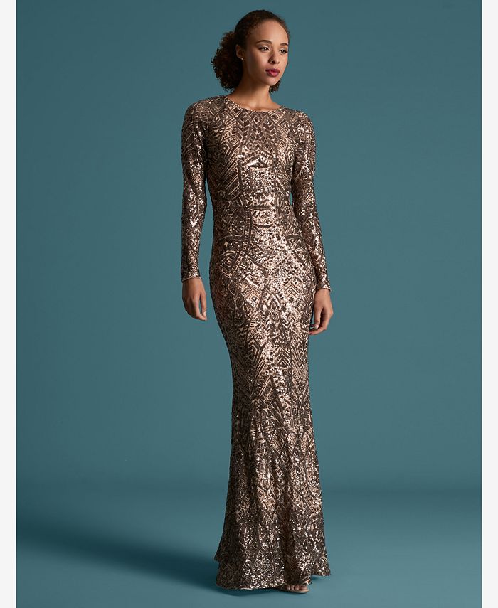 betsy & adam sequin & mesh overlay gown