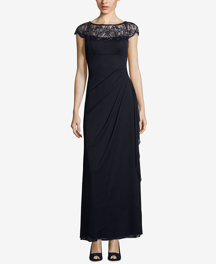 Xscape petite embroidered illusion sales gown