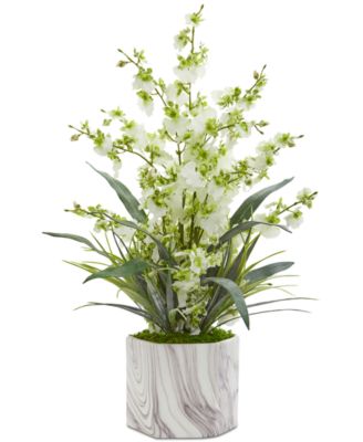 Nearly Natural - Dancing Lady Orchid Artificial Arrangement in Faux Marble Vase