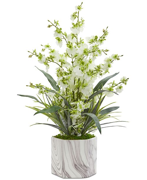 Nearly Natural Dancing Lady Orchid Artificial Arrangement In Faux Marble Vase Reviews Home Macy S