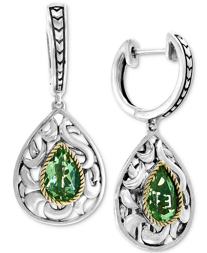 EFFY Collection - Green Quartz Pear Drop Earrings in Sterling Silver and 18k Gold (2-1/3 ct. t.w.)