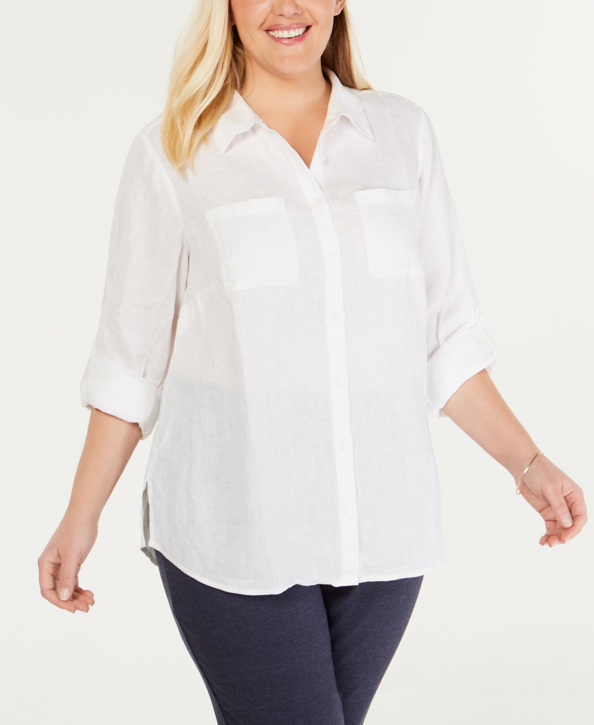 Charter Club Plus Size 100% Linen Roll-tab Shirt, Created For Macy's In Bright White