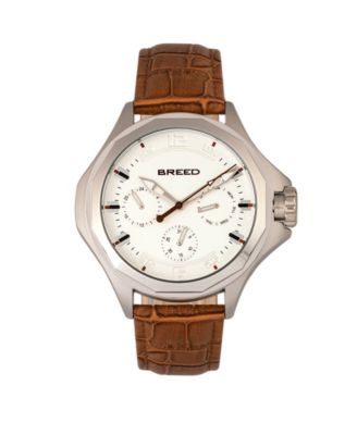 Breed - Tempe Leather-Band Watch w/Day/Date - Light Brown/Silver