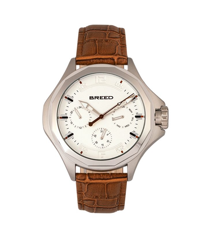Breed - Tempe Leather-Band Watch w/Day/Date - Light Brown/Silver
