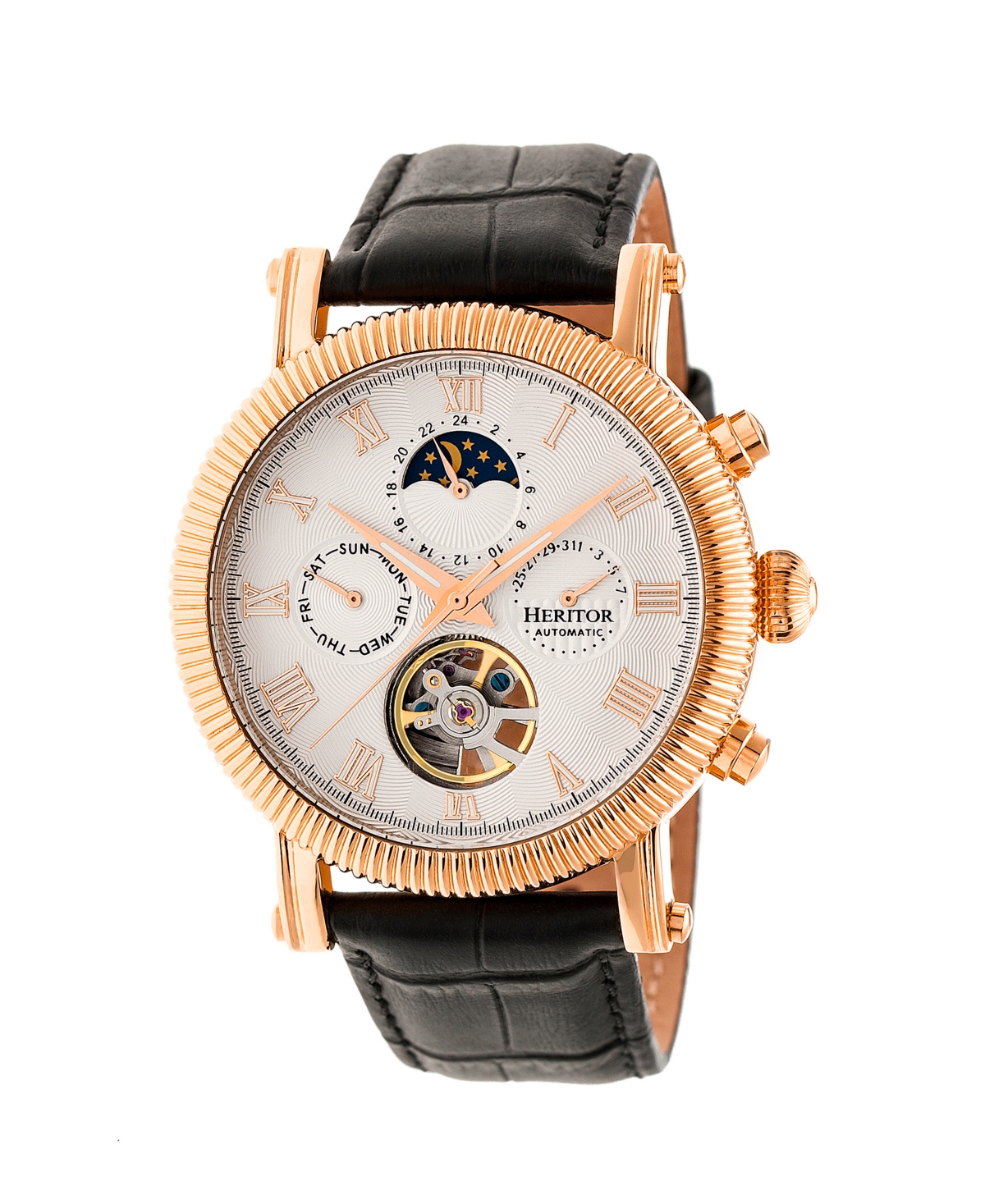 Heritor Automatic Winston Rose Gold & White Leather Watches 45mm