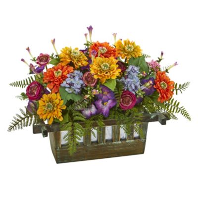 Nearly Natural Mixed Floral Artificial Arrangement In Rectangular Wood ...