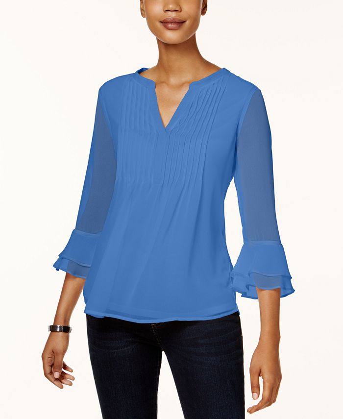 Charter Club Petite Double Ruffle Solid Pintuck Top, Created for Macy's ...