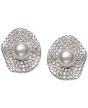image of Cultured Freshwater Pearl (6mm) & Cubic Zirconia Button Stud Earrings in Sterling Silver