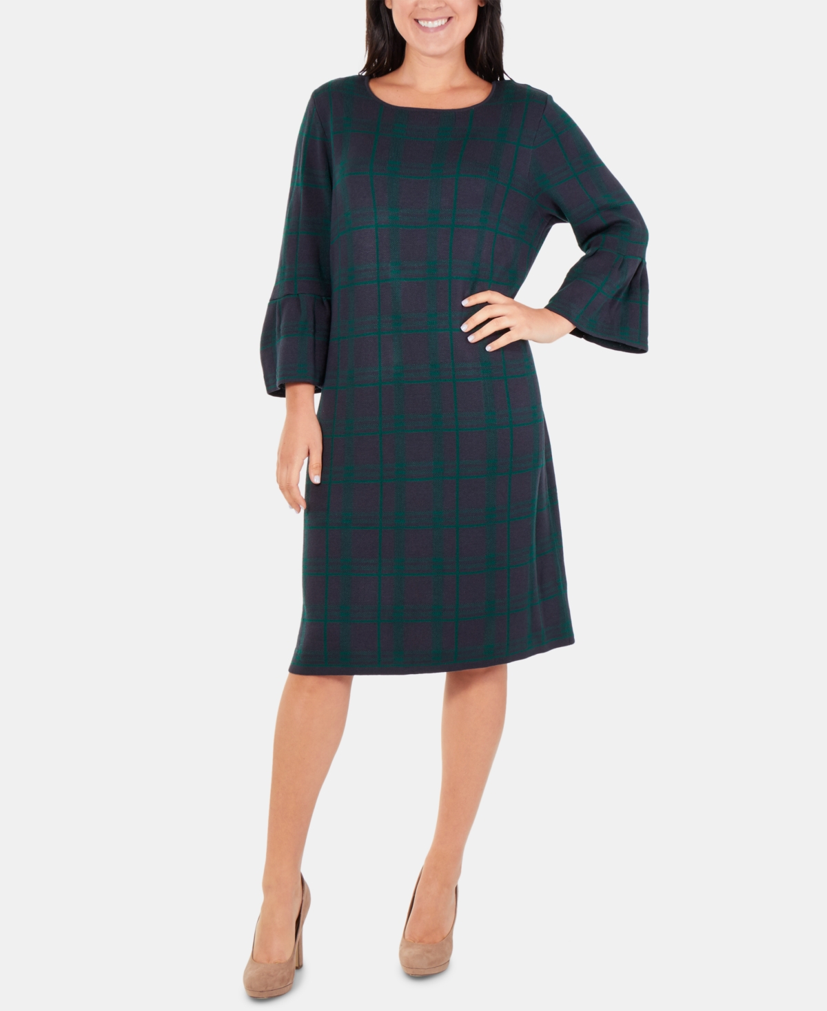 Ny Collection Plaid Bell-sleeve Sweater Dress In Trudy