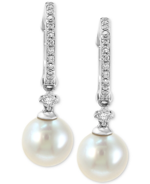 image of Effy Cultured Freshwater Pearl (7mm) & Diamond (1/6 ct. t.w.) Hoop Drop Earrings in 14k White Gold