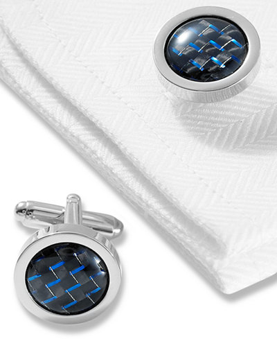 Geoffrey Beene Cufflinks, Polished Rhodium round With Black and Blue Carbon Center Boxed Set