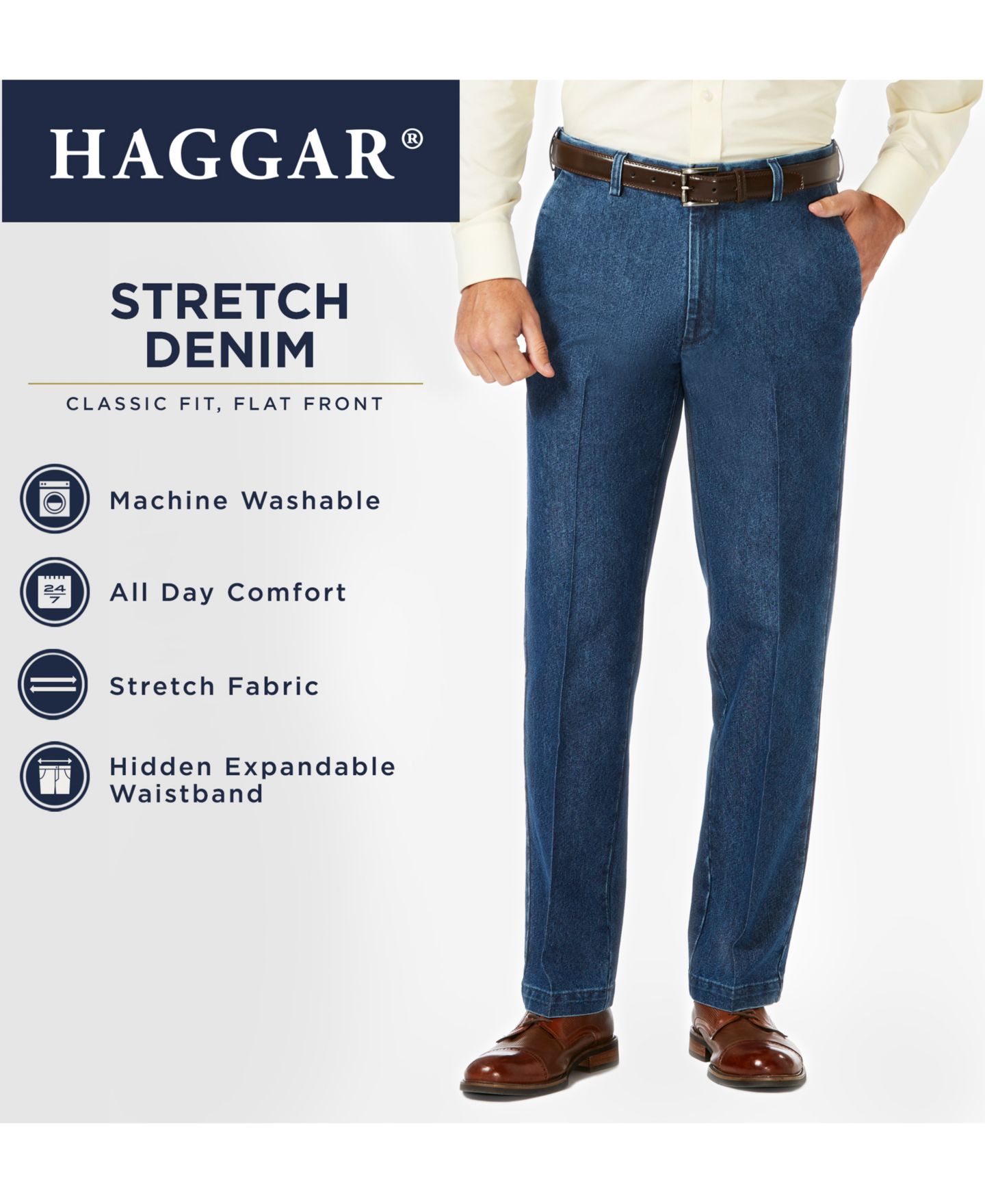 Мужские брюки Haggar Stretch Denim Classic-Fit Flat Front, цвет: Стоунвош — фото 8