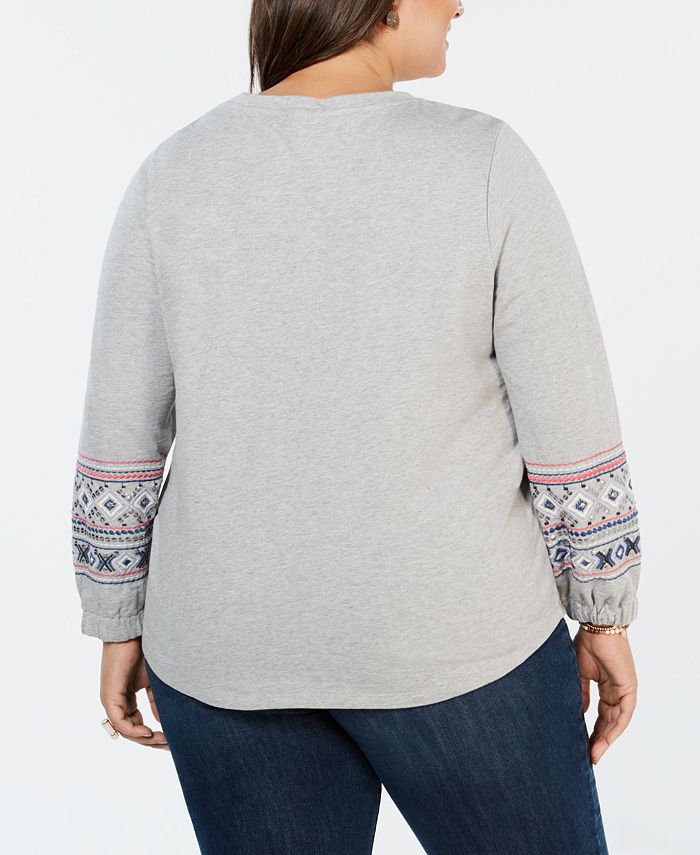 Style & Co Plus Size Cotton Embroidered-Sleeve Sweatshirt, Created for ...