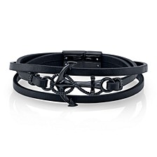 Black Leather and Anchor Triple Wrap Bracelet in Stainless Steel, 26"