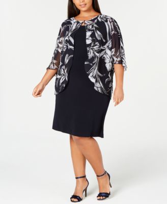 Connected Plus Size Printed Chiffon Cape Dress