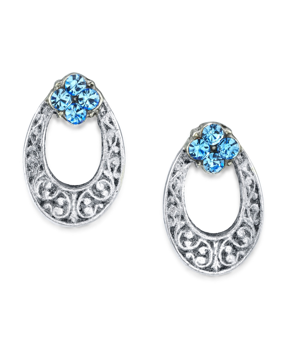 2028 Silver Tone Light Crystal Oval Stud Earring In Blue
