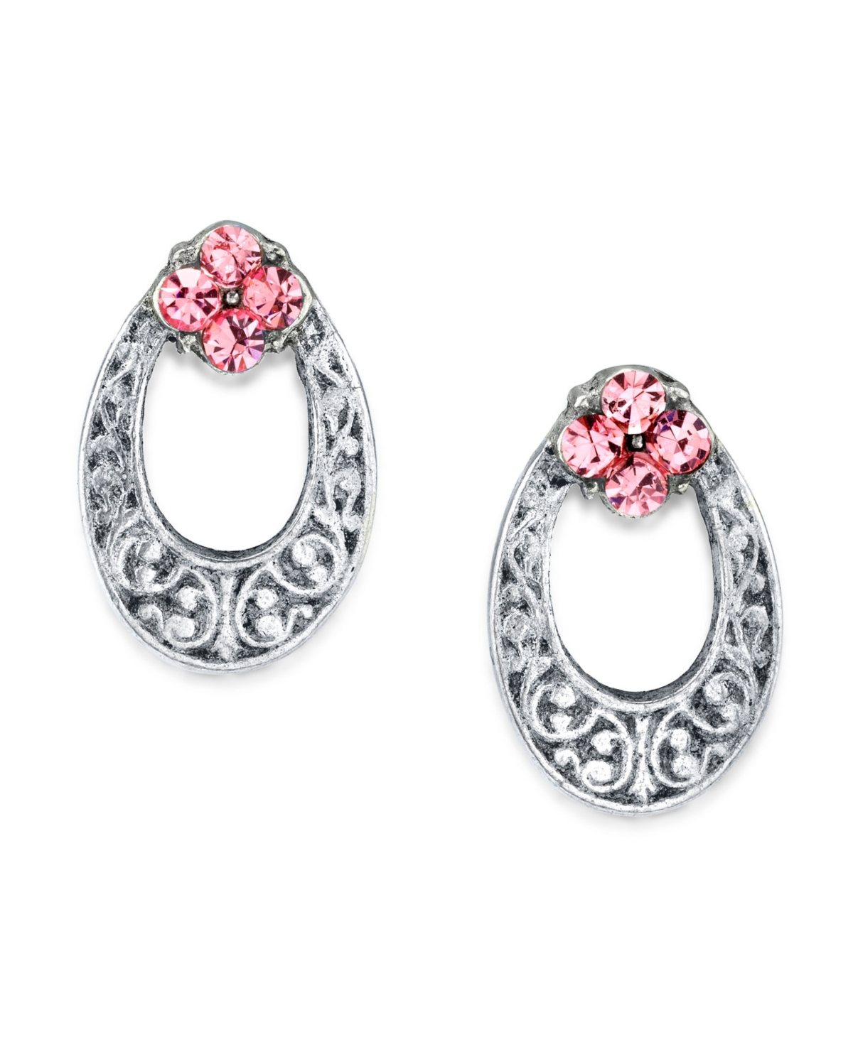 2028 Silver Tone Light Crystal Oval Stud Earring In Pink