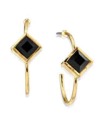 14K Gold-tone Diamond Shape Crystal Open Hoop Stainless Steel Post Small Earrings 