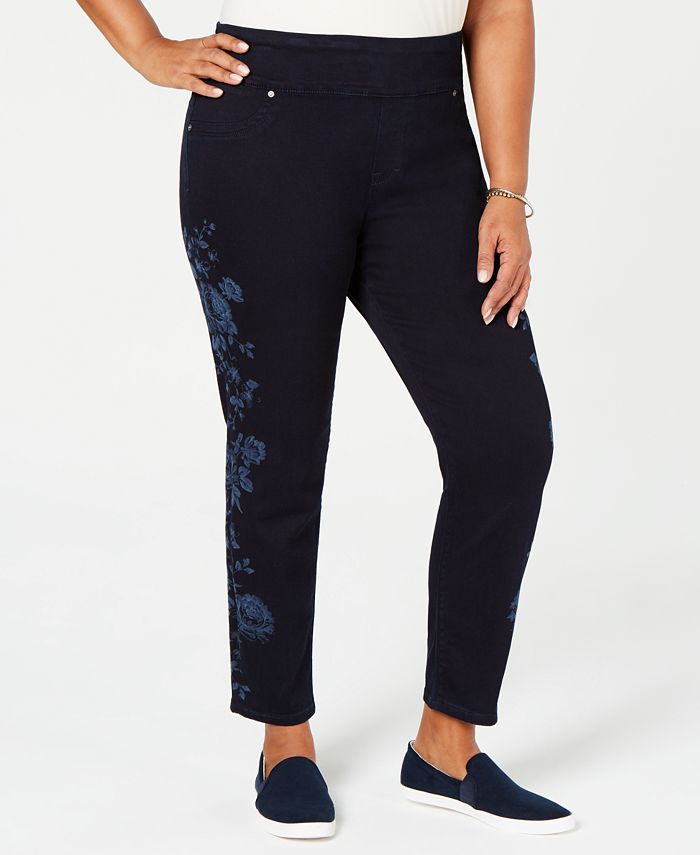 Style & Co Plus Size Cotton Pull-On Flower-Print Jeans, Created for ...