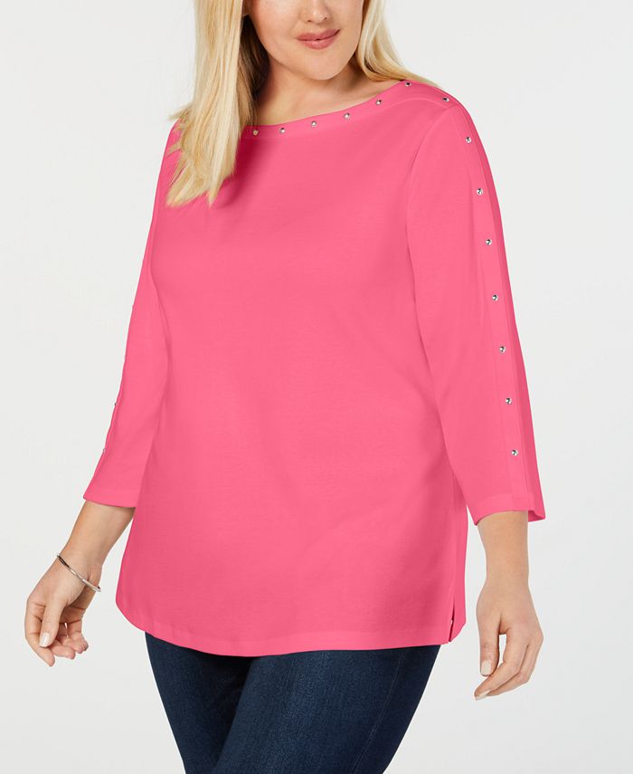 Karen Scott Plus Size Cotton Studded Top, Created for Macy's - Macy's