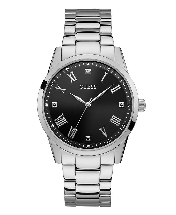 GUESS Men's Stainless Steel Black Diamond Watch 42MM, Created for Macy ...