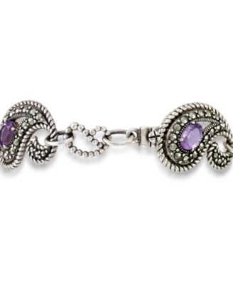 Amethyst (1-3/4 ct. t.w.), Garnet (1-3/4 ct. t.w) & Marcasite Paisley Link Bracelet in Sterling Silver 