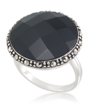 image of Faceted Onyx (18 x 5mm) & Marcasite Ring in Sterling Silver