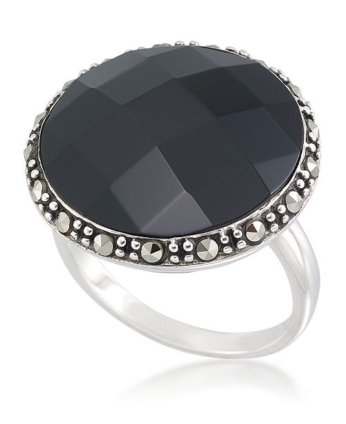 Macy's Faceted Onyx (18 x 5mm) & Marcasite Ring in Sterling Silver ...