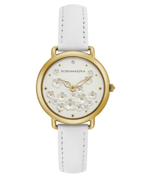 image of Bcbgmaxazria Ladies White Leather Strap with Floral Dial and Gold Case, 34mm
