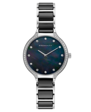 image of Bcbgmaxazria Ladies Stainless Steel and Black Ceramic Bracelet Watch with Black Dial, 34mm