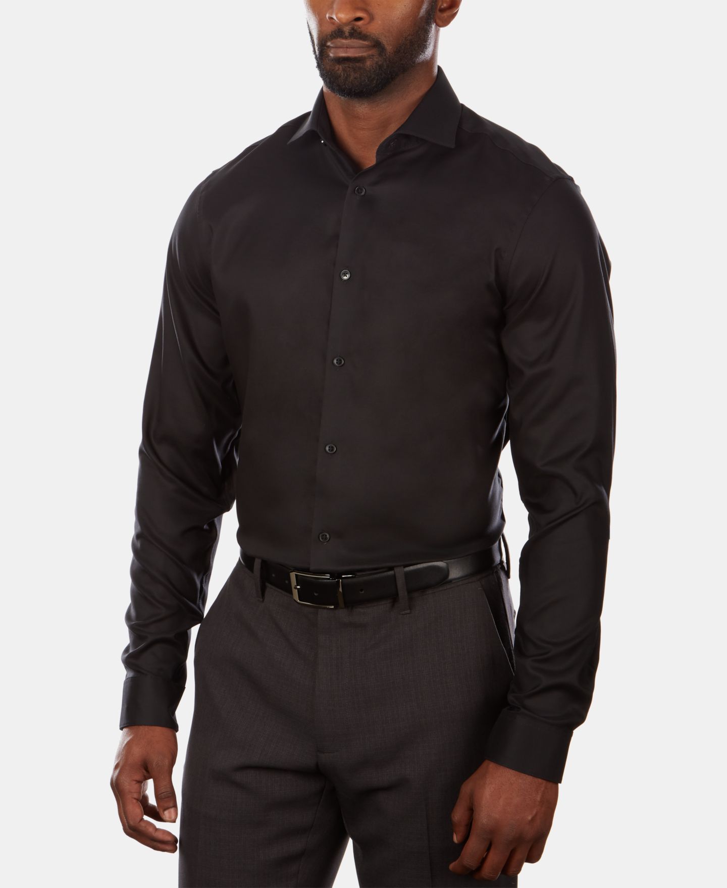 Мужская рубашка Calvin Klein Steel+ Slim-Fit Non-Iron Stretch Performance Dress Shirt, цвет: Угольно-чёрный — фото 1