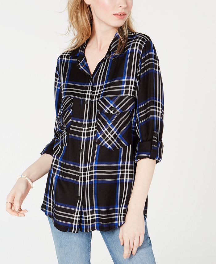 Sanctuary Plaid RollTab Sleeve Top Macy's