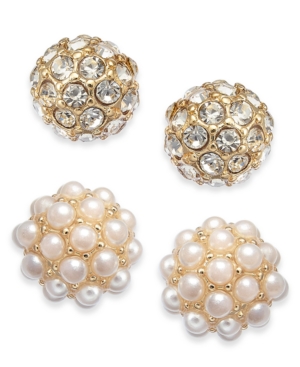 image of Charter Club Gold-Tone 2-Pc. Set Pave & Imitation Pearl Fireball Stud Earrings, Created for Macy-s